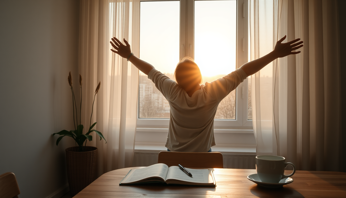 A peaceful morning scene with a person stretching near a window with sunrise light, a journal and coffee cup on a table nearby.