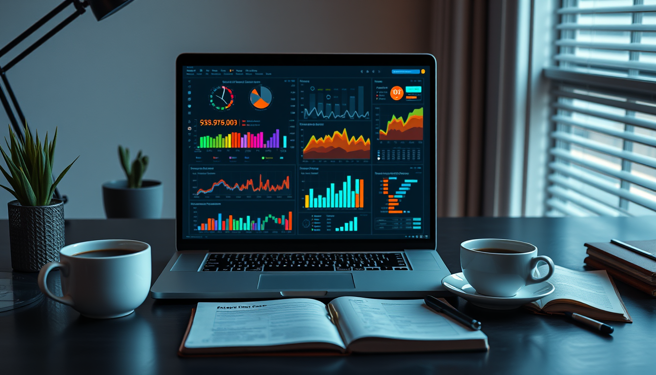 A modern workspace with a laptop displaying AI interface, colorful data visualizations on screen, and a cup of coffee beside a notebook with blog ideas.