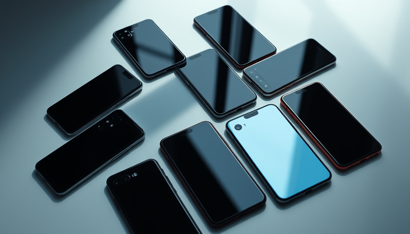A collection of sleek modern smartphones displayed on a minimalist surface with dramatic lighting highlighting their designs and screens.