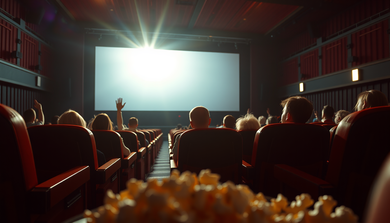 A dramatic collage of movie theater seats facing a bright screen with silhouettes of excited audience members and popcorn in the foreground.