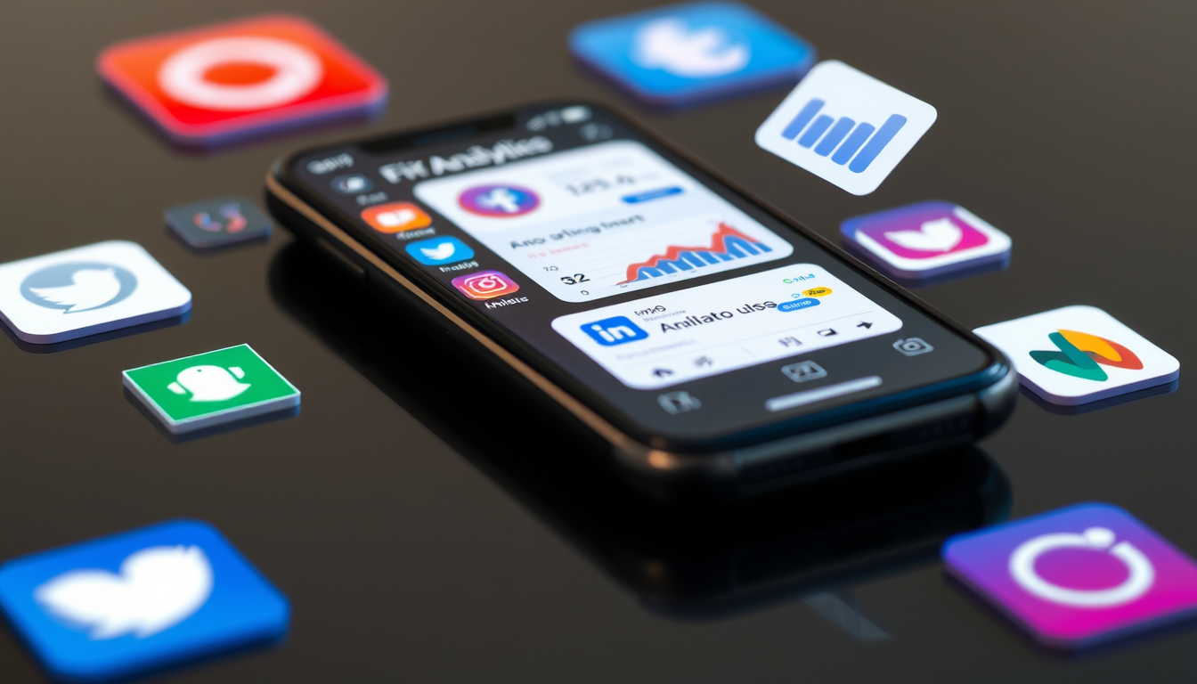 A smartphone displaying various social media apps with analytics graphs and engagement metrics floating around it in a modern, colorful design.