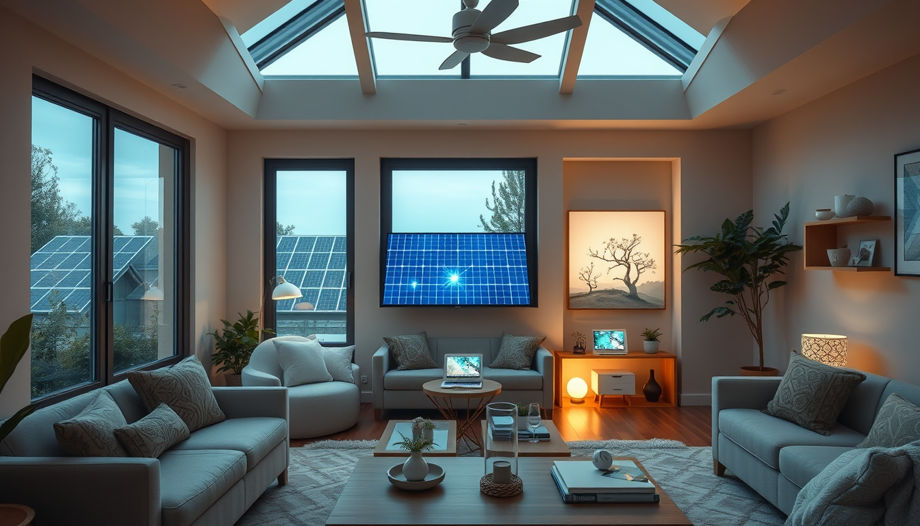 A modern home interior with various sustainable technology devices glowing softly—solar panels visible through windows, smart home displays, and eco-friendly gadgets on surfaces.