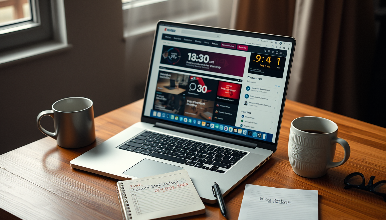 A laptop open to WordPress dashboard with a timer showing 30 minutes, coffee cup nearby, and notepad with "blog setup checklist" visible.