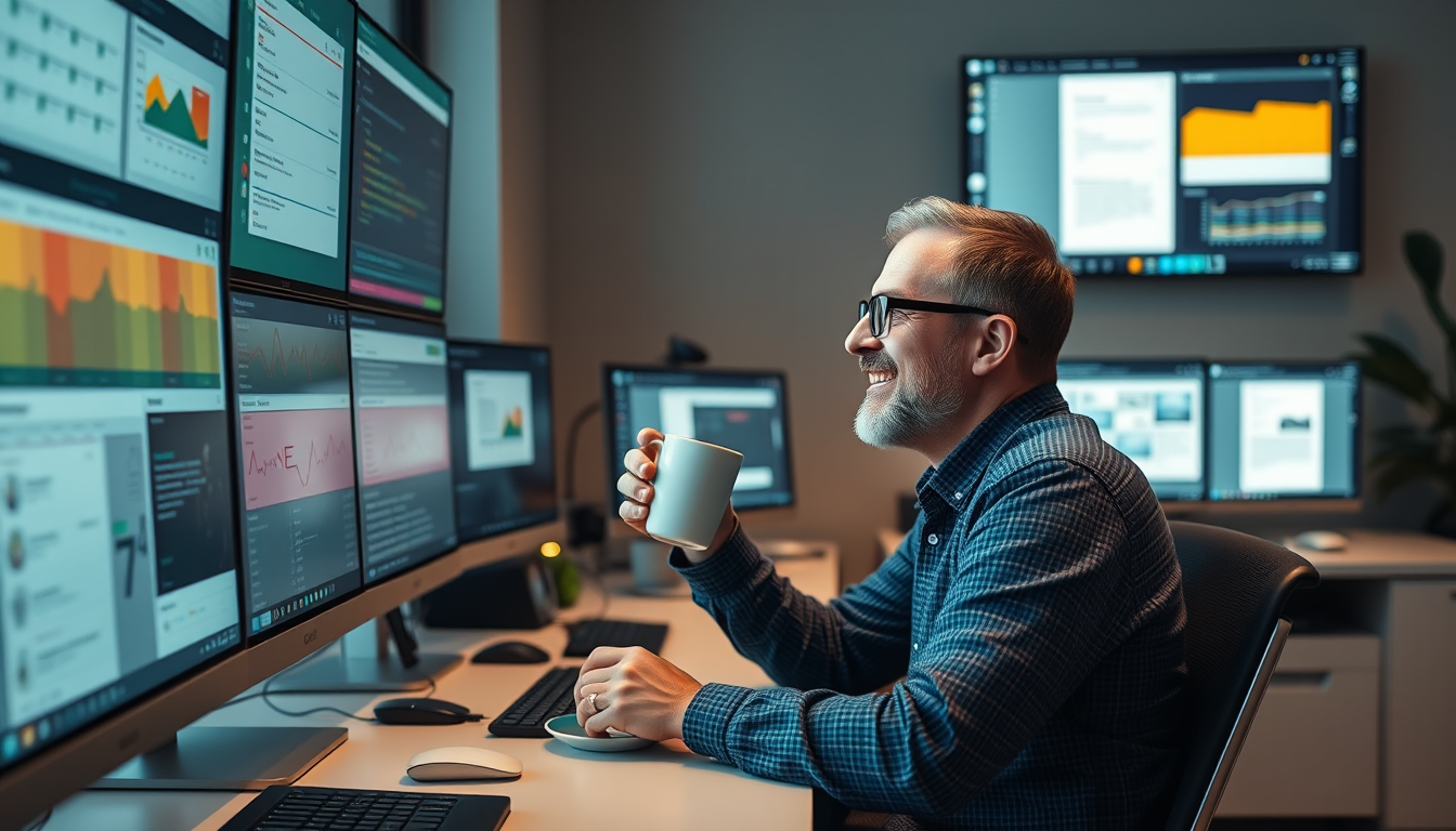A modern workspace with multiple screens showing AI interfaces automating different tasks—calendar, emails, documents—with a relaxed person sipping coffee while AI works.
